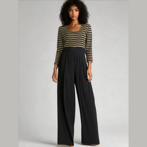 Vintage Jumpsuit 10 Gold Lamé Striped Belted Wide Leg Nautical Party Cocktail